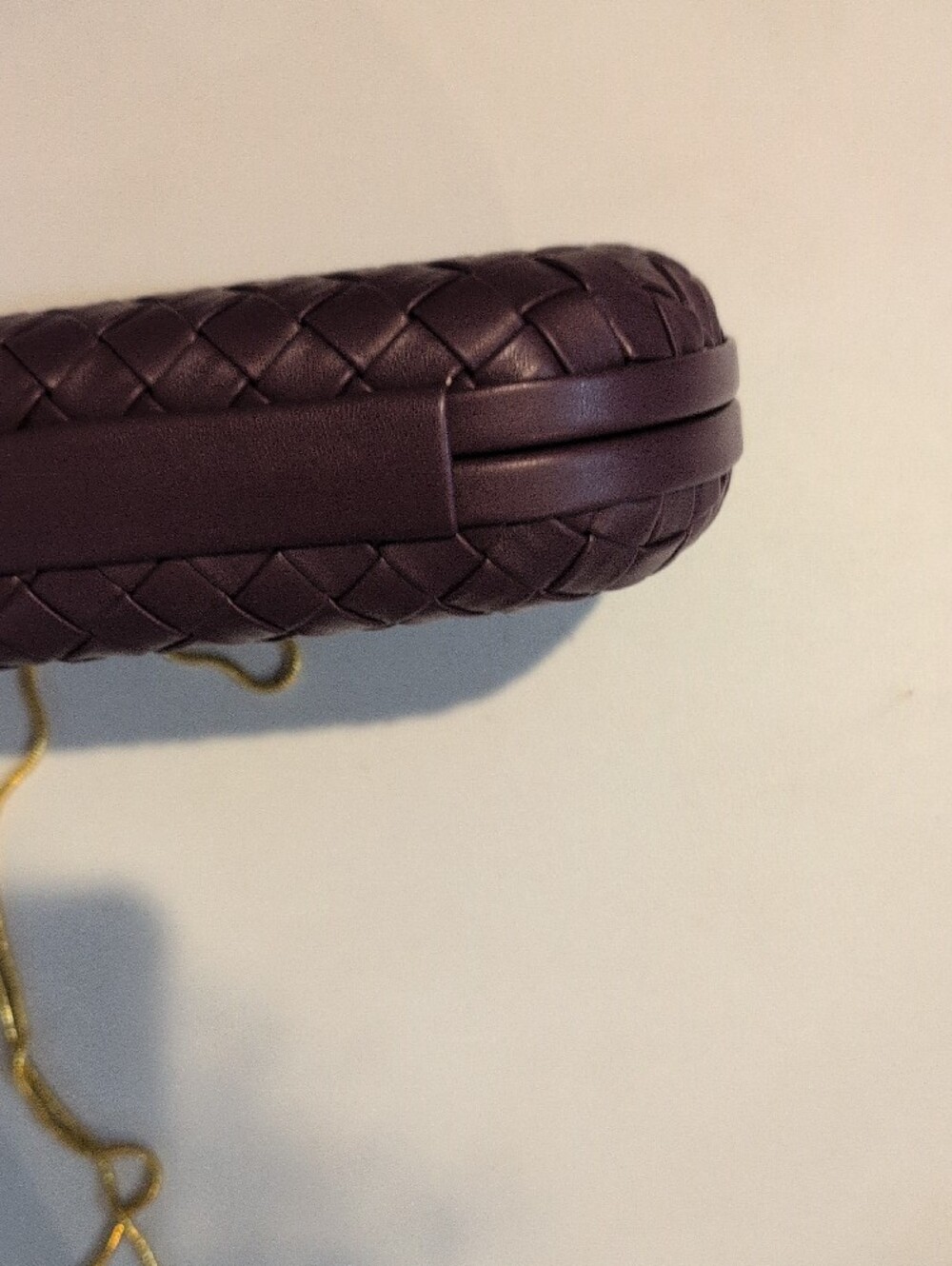 Woven Leather Purple Crossbody Clutch with Gold Chain - Picture 6 of 16